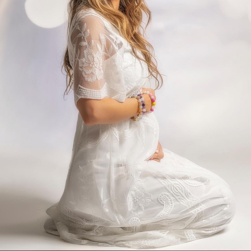 PinkBlush White Lace Mesh Overlay Maternity Dress - Picture 12 of 12